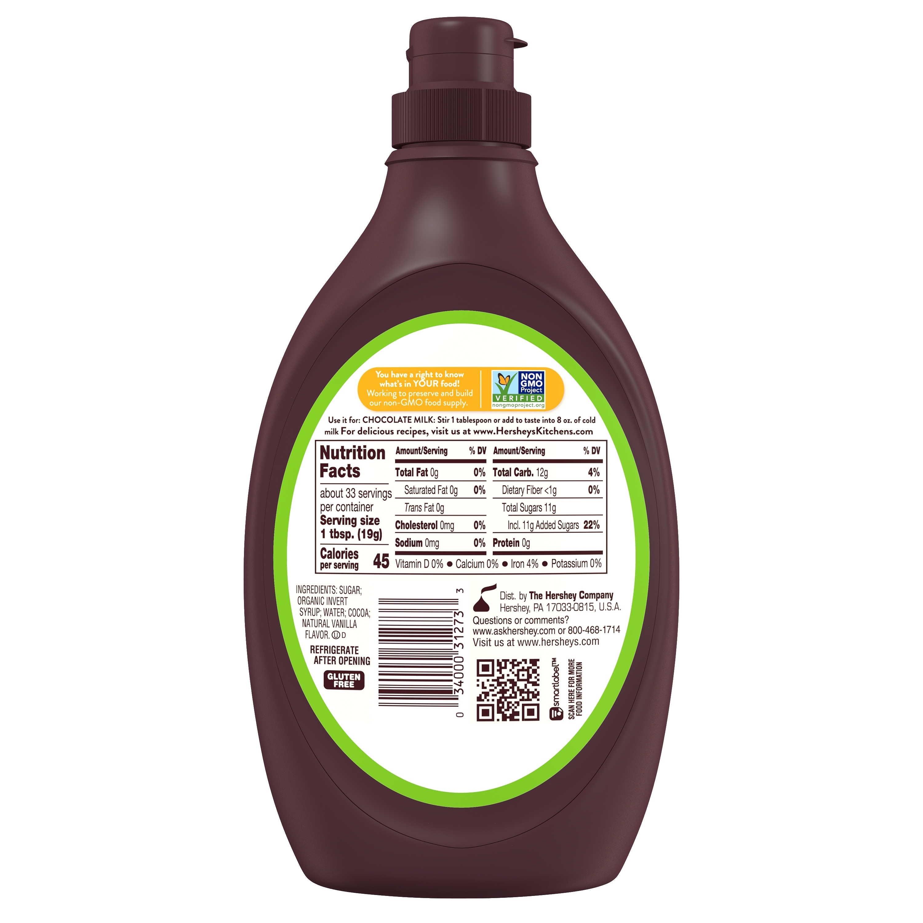HERSHEY'S SIMPLY 5 Chocolate Syrup, 16.35 lb box, 12 bottles - Back of Individual Package