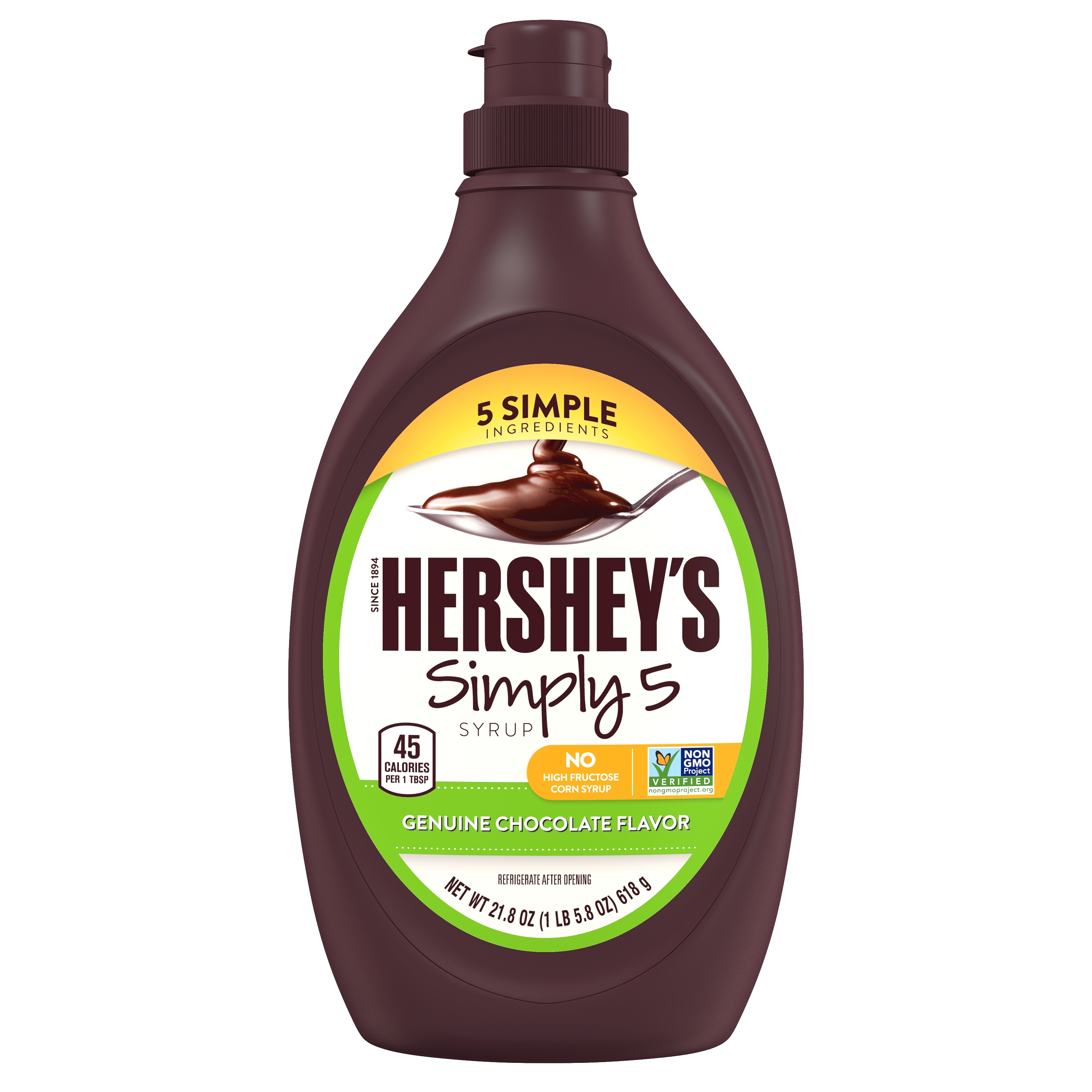 HERSHEY'S SIMPLY 5 Chocolate Syrup, 16.35 lb box, 12 bottles - Front of Individual Package