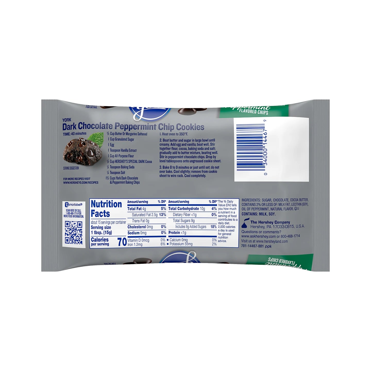YORK Dark Chocolate and Peppermint Flavored Baking Chips Bag, 8 oz - Back