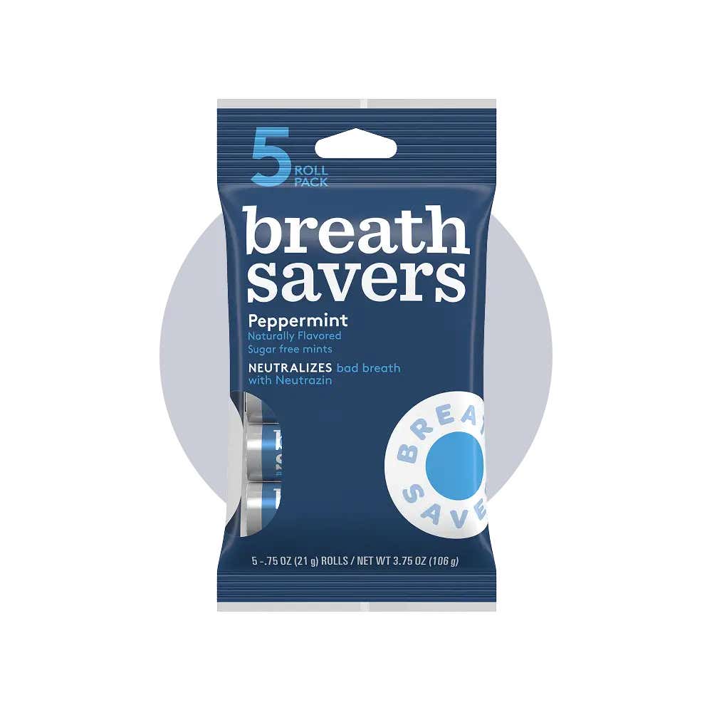 bag filled with rolls of breath savers peppermint sugar free mints