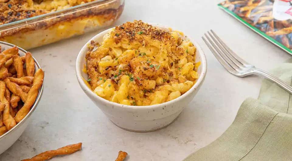 bowl of pretzel crusted mac and cheese