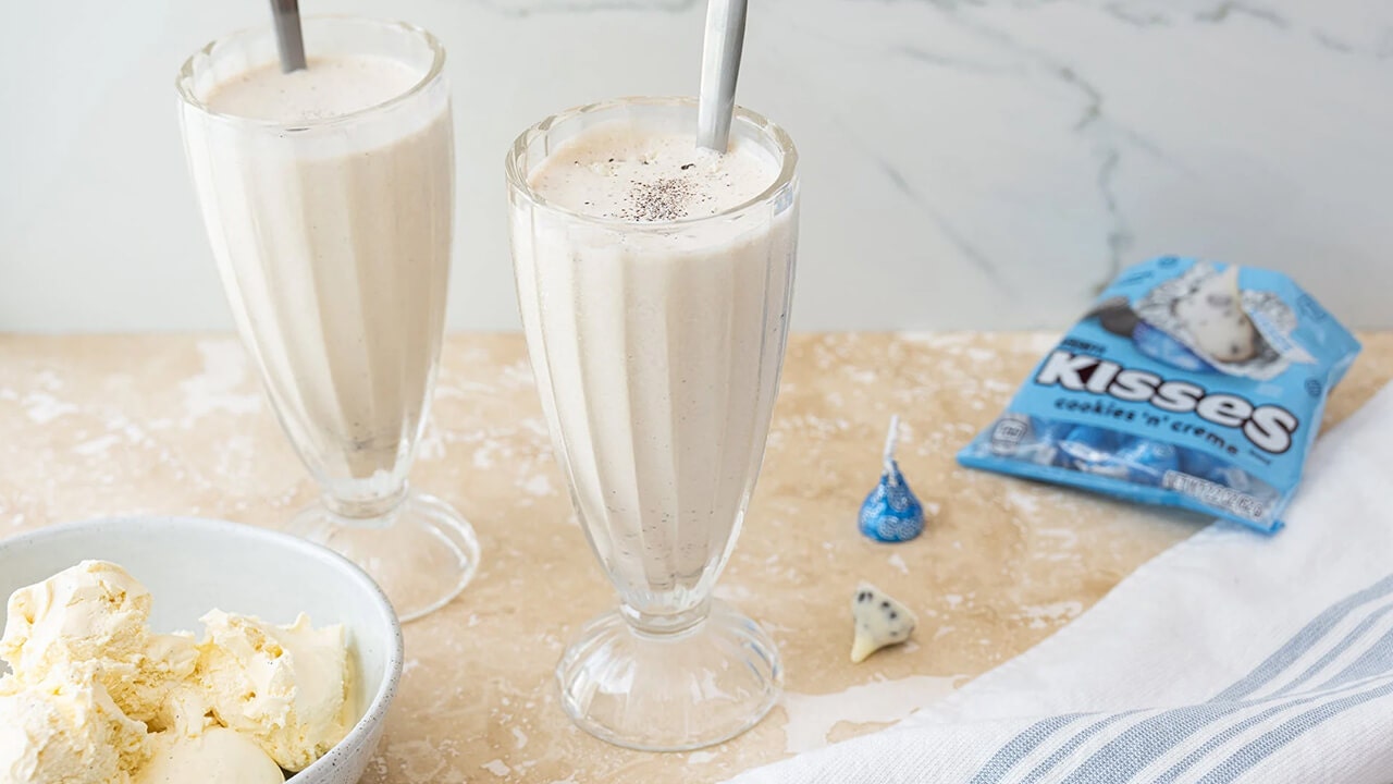 two cookies n creme milkshakes made with cookies n creme hersheys kisses