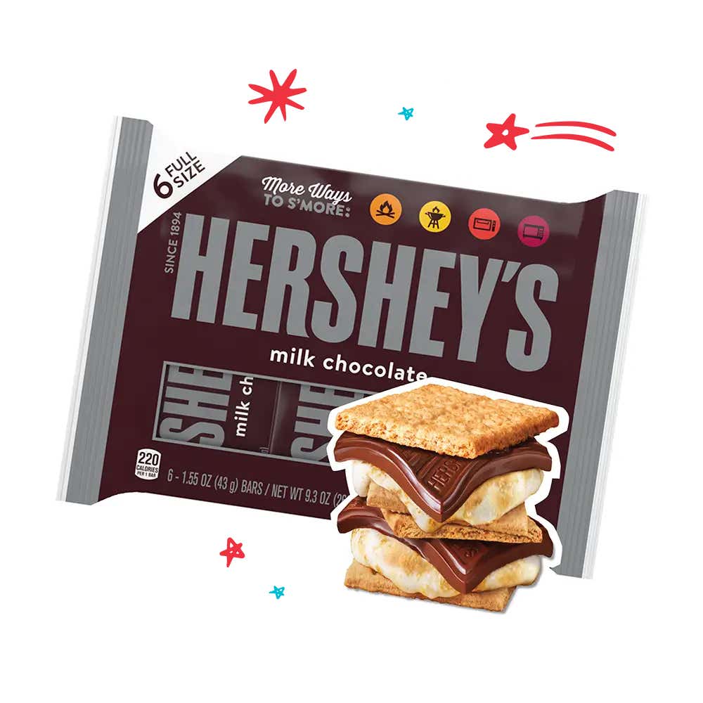 six pack of hersheys milk chocolate candy bars beside a smore