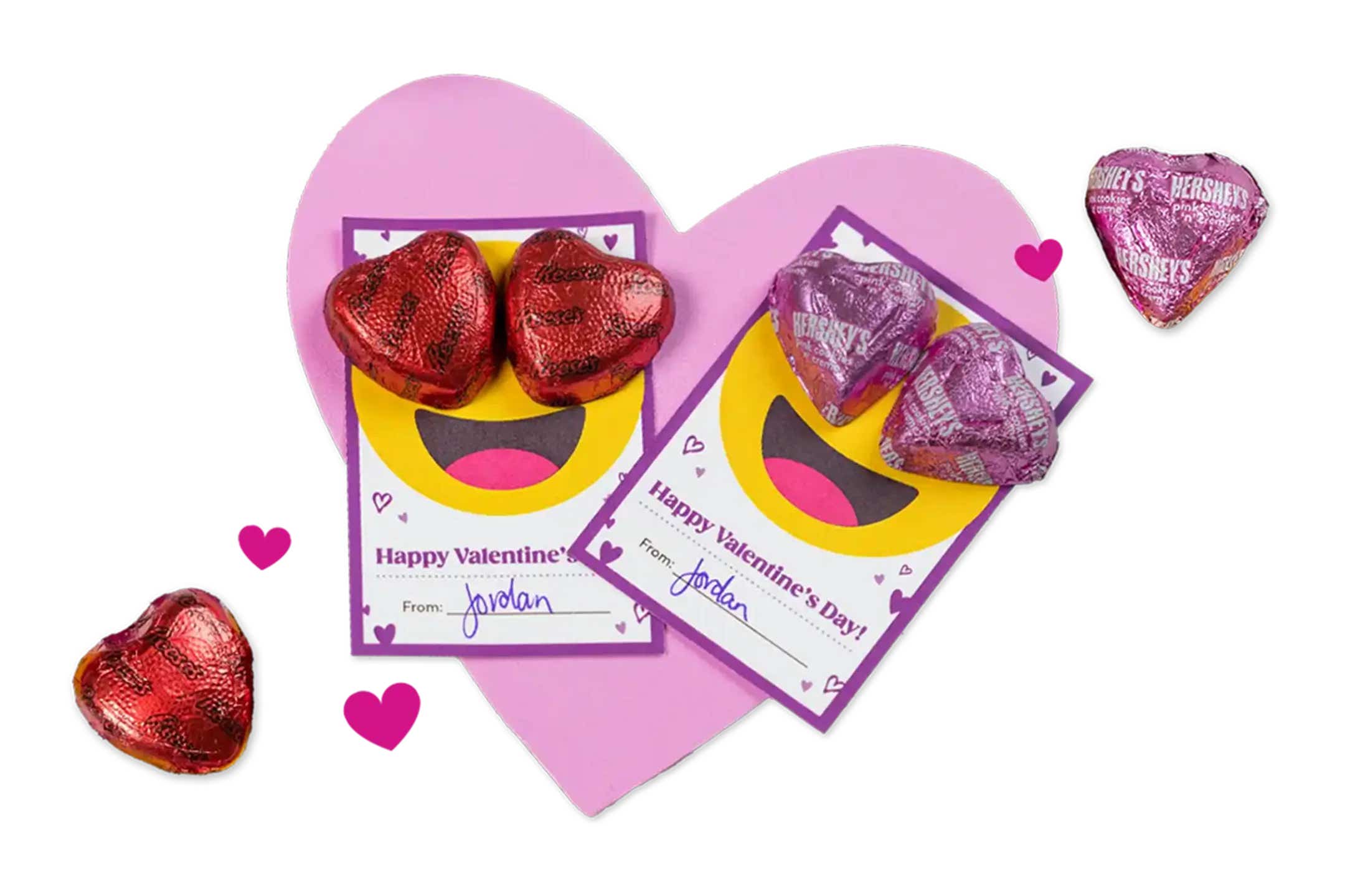 emoji valentines day exchange cards topped with hersheys hearts candies